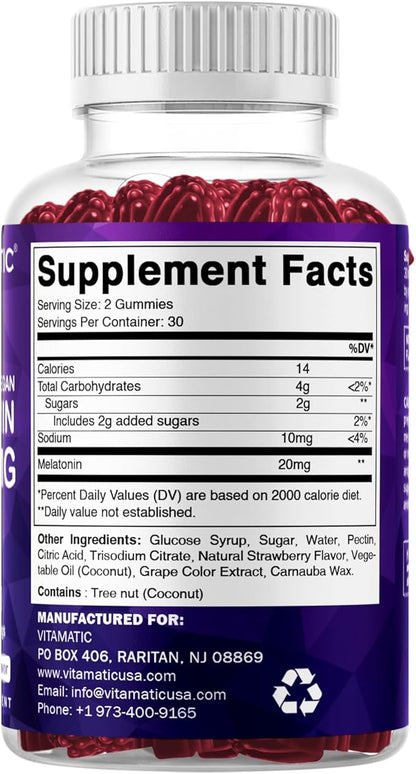 Vitamatic Melatonin 20 mg Gummies for Adults, 30 Servings - 60 Vegetarian Gummies - Non-Habit Forming Supplement
