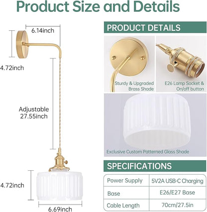 Battery Operated Wall Sconce with White Striped Shade Pattern Glass Adjustable Chain Retro Gold Wall Mounted Light, Modern Wall Lamp Fixtures Decor for Bedside Bedroom Indoor Doorway