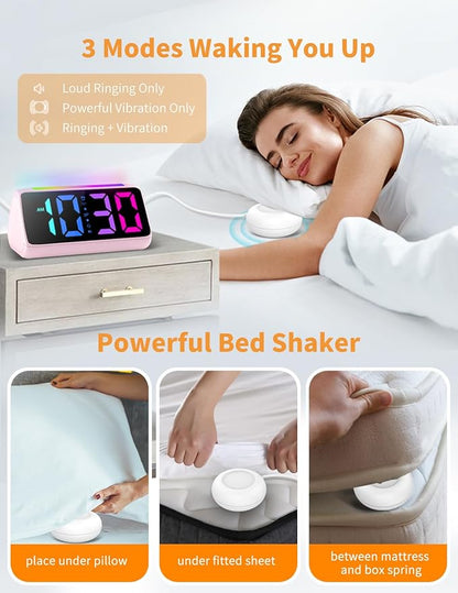 Netzu Alarm Clocks for Bedrooms Heavy Sleepers, Vibrating Alarm Clock with Bed Shaker, Night Light, RGB Display, Dimmer, Snooze for Deaf Hearing Impaired People