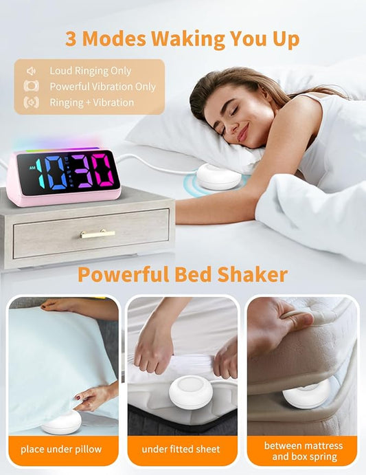 Netzu Alarm Clocks for Bedrooms Heavy Sleepers, Vibrating Alarm Clock with Bed Shaker, Night Light, RGB Display, Dimmer, Snooze for Deaf Hearing Impaired People