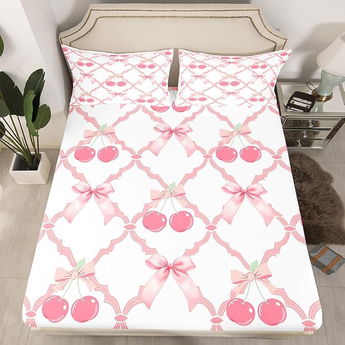 Cherry Bow Fitted Sheet Set with 2 Pillowcase,Sweet Tropical Fruits Dreamy Bowknot Pink White Microfiber Mattress Cover,Fairy Princess Crossed Grids Patchwork Bed Cover Queen Size