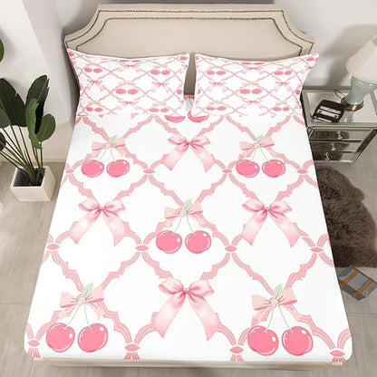 Cherry Bow Fitted Sheet Set with 2 Pillowcase,Sweet Tropical Fruits Dreamy Bowknot Pink White Microfiber Mattress Cover,Fairy Princess Crossed Grids Patchwork Bed Cover Queen Size