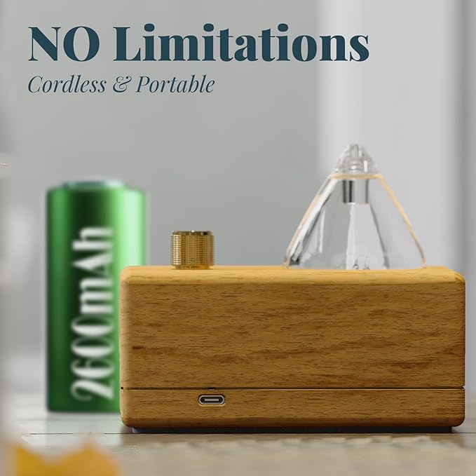 Waterdrop Glass Essential Oil Diffuser with Handmade Wood Base for Aromatherapy, Waterless Scent Diffuser for Yoga Home Office, Portable & Cordless Oil Nebulizer with LED & Timer, Gift of Fragrance
