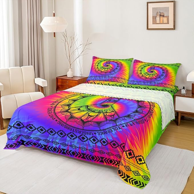 Watercolor Peace Sign Sheet Set Full Size Tie-Dye Rainbow Bed Sheet Set 4pcs with Deep Pocket Fitted Sheet + Flat Sheet + 2 Pillowcases Boho Exotic Style Soft Bedding Set for Kids Teens Room Decor