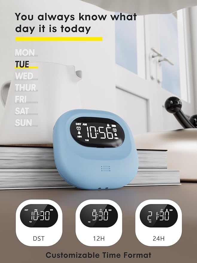 ROCAM Rechargeable Vibrating Alarm Clock Bed Shaker, 3000mAh Portable Travel Clock Under Pillow for Teens, Deaf People, Heavy Sleepers, Adults – 160-Day Standby, Great for Bedroom or Dorm Use, Blue