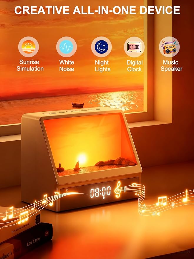 Sunrise Alarm Clock for Bedrooms, White Noise Machine Creative Simulated Sunrise Animation with 7 Modes, 12 Natural Sounds, Music Speaker & Remote, Wake Up Light Sunset Lamp Gifts for Heavy Sleepers