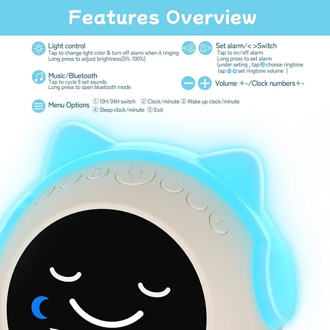 Kids Alarm Clock with Sleep Training, LED Night Light, Bluetooth Music, Multi-Color Display, Sound Machine, OK to Wake Light for Toddlers and Children