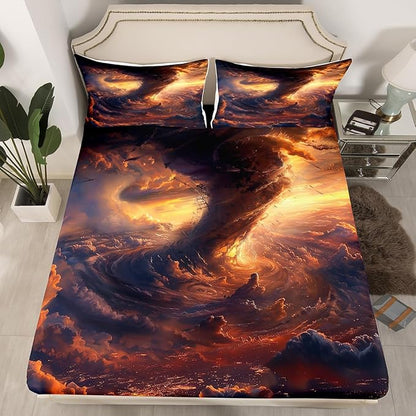 Tornado Bedding Set Twin Size Natural Disaster Scene 3D Print Bed Set for Teens Kids Sheet Microfiber Sunset Sky Clouds Tornado View Bed Cover(1 Fitted Sheet+1 Pillow Case)