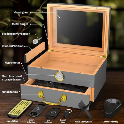 Cigar Humidor Box - Spanish Cedar Small Table Top Humidors for 20-50 Cigars with Accessories and Humidifier - Storage Drawer - Stylish Desktop Cigar Holder for Men - Portable Travel Case Light Gray