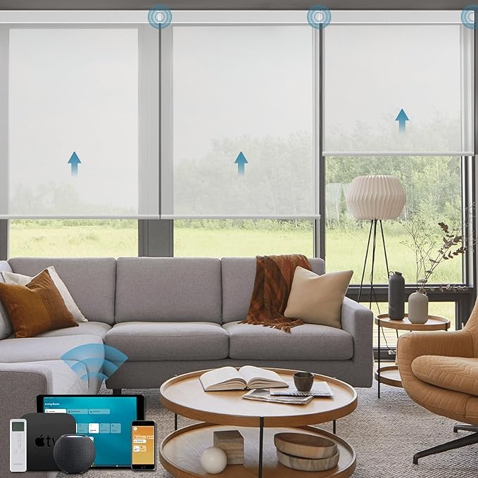 Motorized Shades Compatible with Alexa,Google Asssitant,Homekit Over Thead,3% Openness Solar Roller Blinds for Window,Smart Blinds with Remote,APP/Voice Control,3% Openness Aventus White