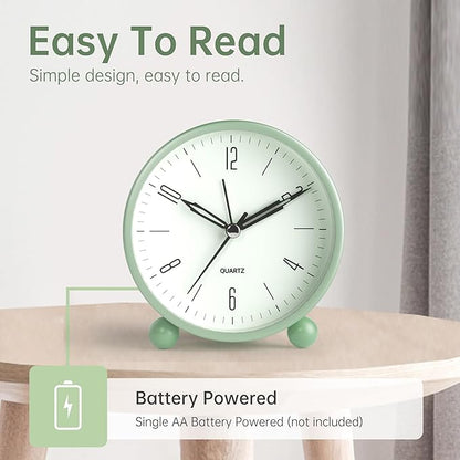 Analog Alarm Clock, 4 inch Super Silent Non Ticking Small Clock with Night Light, Battery Operated, Simple Design, Old Fashioned Style Ideal Decor, for Bedroom, Bedside, Desk, Adult, Kid, Gift, Green