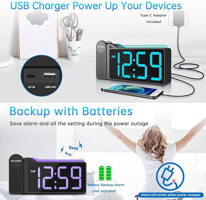 Peakeep Projection Alarm Clock for Bedroom Ceiling, Loud for Heavy Sleepers, RGB Nightlight Multi-Color Large Display 5 Brightness Dimmer, Plug in Bedside Electric LED Digital Clock with USB Port