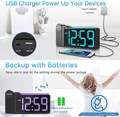 Peakeep Projection Alarm Clock for Bedroom Ceiling, Loud for Heavy Sleepers, RGB Nightlight Multi-Color Large Display 5 Brightness Dimmer, Plug in Bedside Electric LED Digital Clock with USB Port