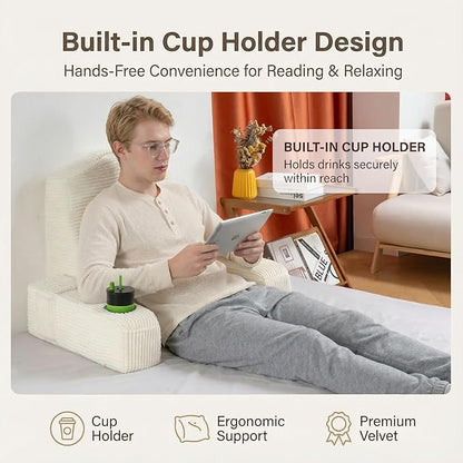 AS AWESLING Reading Pillow for Adults, Back Pillow for Bed Sitting Up, Backrest Pillow for Sitting in Bed, Detachable Arms with Built-in Cup & Phone Caddy (Beige-Corduroy, 21 INCH)