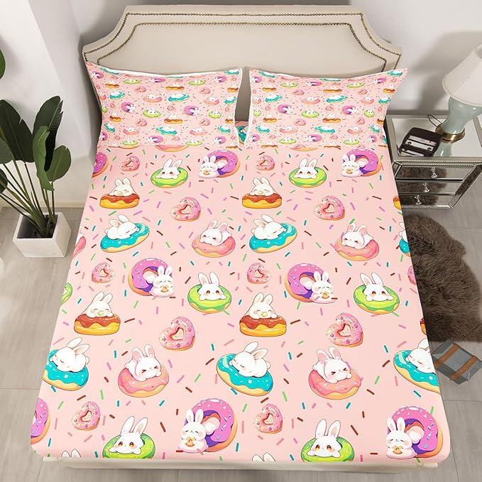 Kawaii Rabbit Bed Sheet Queen Size Doughnut Dessert Happy Easter Bedding Set Cute Cartoon Animal Fitted Sheet Kids Boys Girls Room Decor Pink Colorful Soft Sheets with 2 Pillowcase,No Top Flat