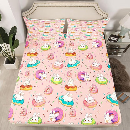 Kawaii Rabbit Bed Sheet Twin Size Doughnut Dessert Happy Easter Bedding Set Cute Cartoon Animal Fitted Sheet Kids Boys Girls Room Decor Pink Colorful Soft Sheets with 1 Pillowcase,No Top Flat