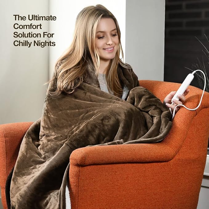 Medical king Heated Blanket, Machine Washable Extremely Soft & Comfortable Electric Blanket Throw Fast Heating with Hand Controller 10 Heating Settings & auto Shut-Off (Brown, 50 x 60)