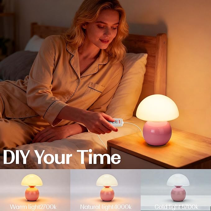 Small Mushroom Lamp,USB-Plug in Bedside Table Lamps with 3-Temperature LED Bulb Dimmable,Unique Cute Aesthetic Home Decor for Living Room,Bedroom, Modern Ceramic Base Glass Lamp(Pink)