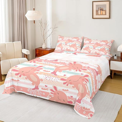 Cute Axolotl Sheet Set Twin Size,Kids Girls Cartoon Animals Bed Sheet Set 3pcs(Deep Pocket Fitted Sheet + Flat Sheet + 1 Pillowcase) Rainbow Stripes Romantic Bedding Set,Cute Christmas Bedroom Decor