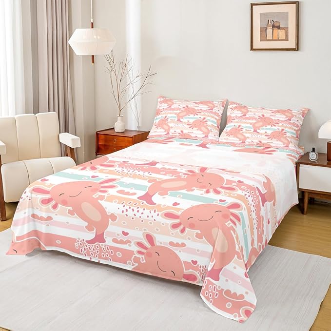 Cute Axolotl Sheet Set Full Size,Cartoon Animals Bed Sheet Set 4pcs with Deep Pocket Fitted Sheet + Flat Sheet + 2 Pillowcases,Rainbow Stripes Pink Romantic Bedding Set,Kids Girls Boys Xmas Decor