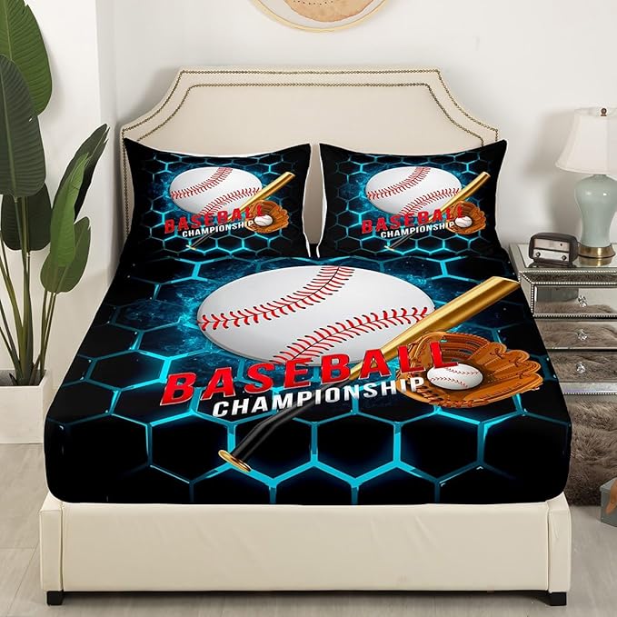 Manfei Baseball Sheet Set Full Size, Sports Themed Bedding Set for Kids Boys Adults Room Decor, Blue Honeycomb Geometric Bed Sheet Set 4pcs with Deep Pocket Fitted Sheet + Flat Sheet + 2 Pillowcases