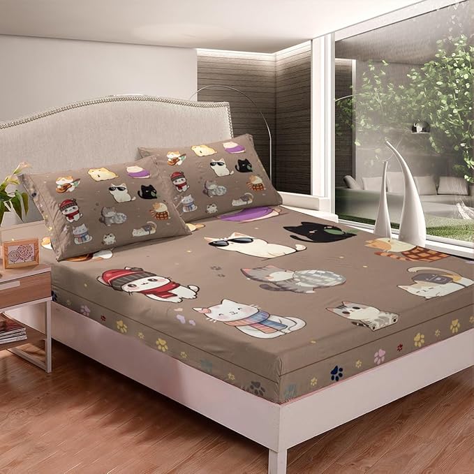Kids Bedding Cute Cats Fitted Sheet Twin Size,Watercolor Cat Aniaml Cartoon Bedding All-Round Elastic Pocket,Colorful Cat Paw Print Bed Sheet 2 Pieces Fits Mattress