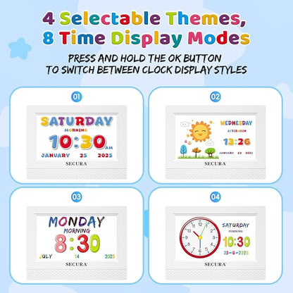 Secura TimeTact Reminder for Kids, 7" LED Talking Alarm Clock with Countdown Visual Timer, 17 Daily Reminders & 5 Custom Alarms Habit Reminder and Scheduler (White)