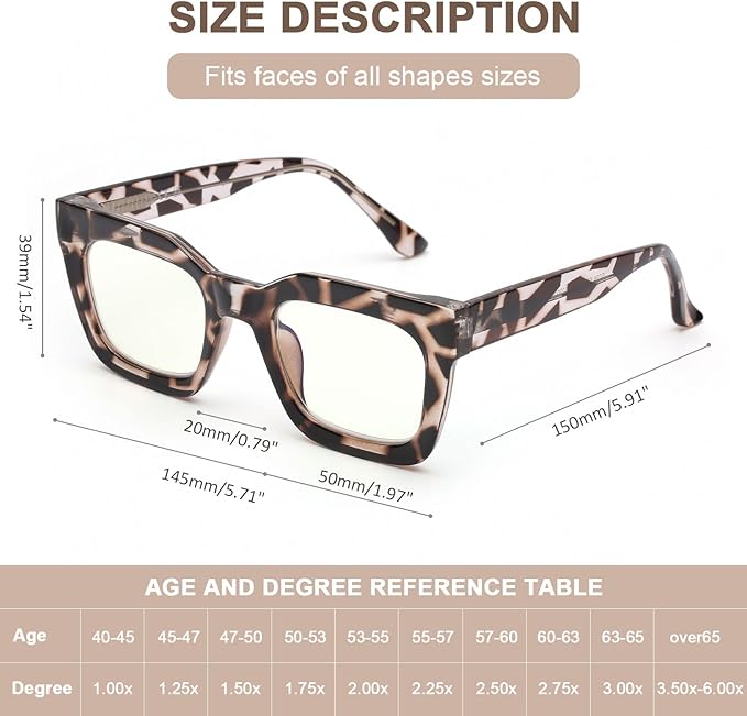 AQWANO Stylish Oversized Reading Glasses for Women Fashion Designer Readers Blue Light Square Computer Glasses