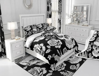 Manfei Floral Skull Kids Sheet Set Twin Size, Gothic Skull Crown Flower Bed Sheet Set 3pcs (Fitted Sheet, Flat Sheet, 1 Pillowcase), Halloween Theme Bedding Set for Boys Girls Bedroom Decor