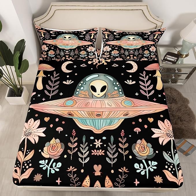 Manfei Alien Black Bed Sheet Set 3 Pieces,Outer Space Spaceship Starry Moon Microfiber Bedding Set Without Flat,Pink Mushroom Nature Botanical Flowers Plants Fitted Sheet,2 Pillow Cases,Full Size