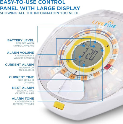 LiveFine Bluetooth Automatic Pill Dispenser, 28-Day Capacity, Sound & Light Alerts, Key Lock, LCD & Easy Setup on The LiveFine App for Prescriptions, Medications, Vitamins & Supplements - Frosted Lid