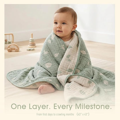 Botanical Muslin Baby Blanket - Made with Organic Cotton, Sage Green Leaf Jacquard for Gender Neutral Nursery, Baby Registry Gift, 43x43 Inches (Terra Sage Green)