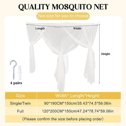 4 Corners Mosquito Net Bed Canopy for Single Twin Full Size, Rectangular Bed Curtains Drapes with 4 Hanging Hooks for Home Indoor Patio Outdoor(White,L75 X W35.5 X H59 Inch)