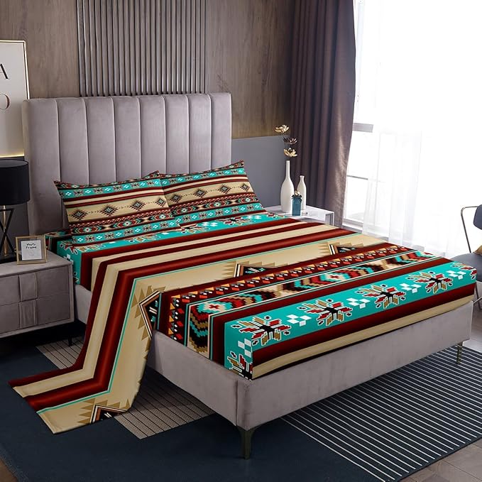 Manfei Aztec Geometric Kids Sheet Twin Size,Southwest Tribal Ethnic Boho Bedding Set, Rustic Farmhouse Bohemian Boys Girls Room Decor, Teal Red Brown Sheet(Fitted+Flat+1 Pillowcase)