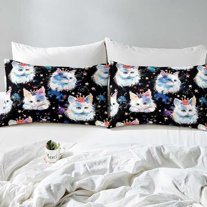 Cartoon Cats Kids Fitted Sheet Queen Size,Watercolor Crown Castle Princess Style Bedding Set,Girls Women Room Decor,Stars Starry Sky Cloud Bed Cover,Cute Romantic Bed Sheet,2 Pillowcases