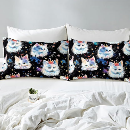 Cartoon Cats Kids Fitted Sheet Twin Size,Watercolor Crown Castle Princess Style Bedding Set,Girls Women Room Decor,Stars Starry Sky Cloud Bed Cover,Cute Romantic Bed Sheet,1 Pillowcase