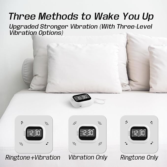 Vibrating Alarm Clock for Bedroom with White Noise, Portable Travel Alarm Clock Battery Operated, Bed Shaker for Hearing Impaired, Sleep Aid Sound Machine for Home & Camping