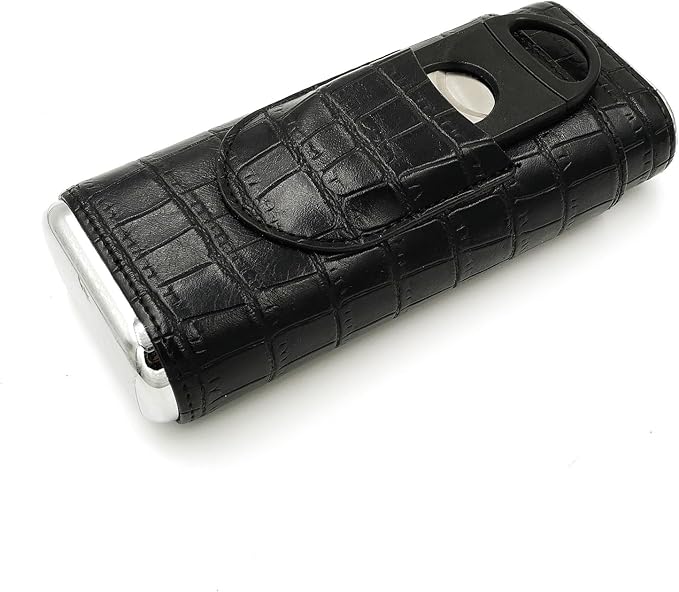 Black Cigar Case with Cutter - Portable Leather Travel Cigar Holder and Small Humidifier Kit for Men