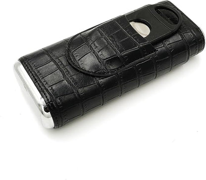 Black Cigar Case with Cutter - Portable Leather Travel Cigar Holder and Small Humidifier Kit for Men