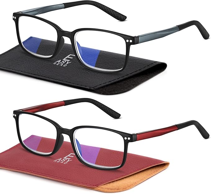 EASY READ 2 Pairs Sporty Style Reading Glasses for Men，Rectangular TR90 Blue Light Blocking Readers with Spring Hinge