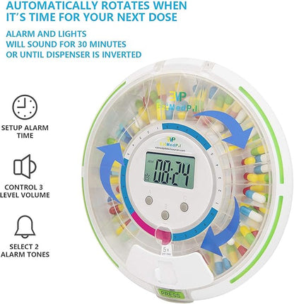 EziMedPil Automatic Pill Dispenser w/Audio & Visual Alerts, up to 6 Alarms/day, 6 Dosage Templates, Easy-Read LCD Display, Lock Medication Dispenser w/Key for Prescriptions, Vitamins & More, Clear Lid