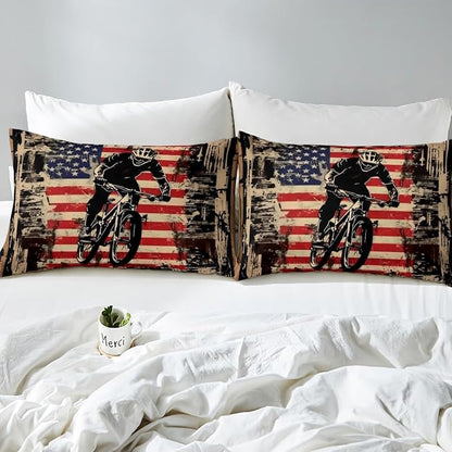 Manfei Cycling Fitted Sheet Full Size, Racing Sports Theme Bedding Set 3pcs, Bicycle Player American Flag Bed Cover with 2 Pillowcases, Kids Boys Teens Room Decor, Soft Bedding(No Top Sheet)