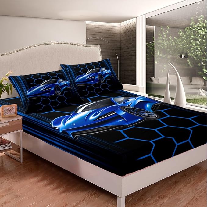 Blue Race Car Fitted Sheet,Honeycomb Geometric Soft Decorative Fabric Bedding Extreme Sports Theme Pocket Twin Size with 1 Pillowcase