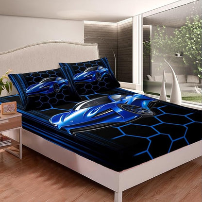 Blue Race Car Fitted Sheet,Honeycomb Geometric Soft Decorative Fabric Bedding Extreme Sports Theme Pocket Twin Size with 1 Pillowcase
