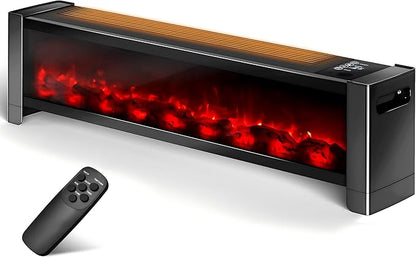 Baseboard Heater with Fireplace - 1500W Electric Fireplace Heater with Realistic 3D Flame Effect, Adjustable Thermostat Space Heater for Large Room, Office&Bedroom, Tip-Over&Overheat Protection