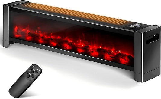 Baseboard Heater with Fireplace - 1500W Electric Fireplace Heater with Realistic 3D Flame Effect, Adjustable Thermostat Space Heater for Large Room, Office&Bedroom, Tip-Over&Overheat Protection
