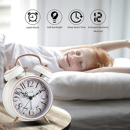 Loud Alarm for Deep Sleepers 4'' Retro Twin Bell Alarm Clock with Backlight for Bedroom and Home Decoration(Retro White)