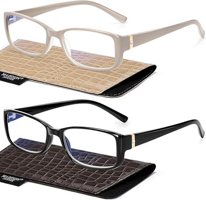 Madison Avenue 2 Pack Classic Blue Light Blocking Reading Glasses for Women, Vintage Anti Glare/Eyestrain Computer Readers Black/Nude Beige +1.75