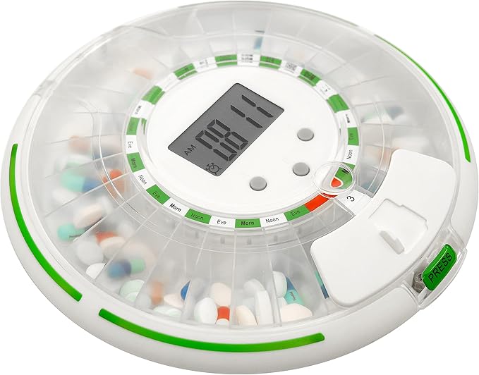 Automatic Pill Dispenser with Flashing Light, Sound, Alarm and Safety Lock, 28-Day Electronic Medication Organizer – Dispense Vitamins and Tablets Up 6 Times/Day – Easy Read Display (Clear)