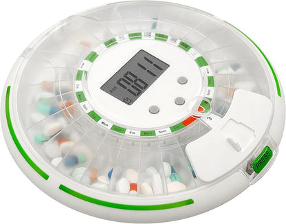 Automatic Pill Dispenser with Flashing Light, Sound, Alarm and Safety Lock, 28-Day Electronic Medication Organizer – Dispense Vitamins and Tablets Up 6 Times/Day – Easy Read Display (Clear)